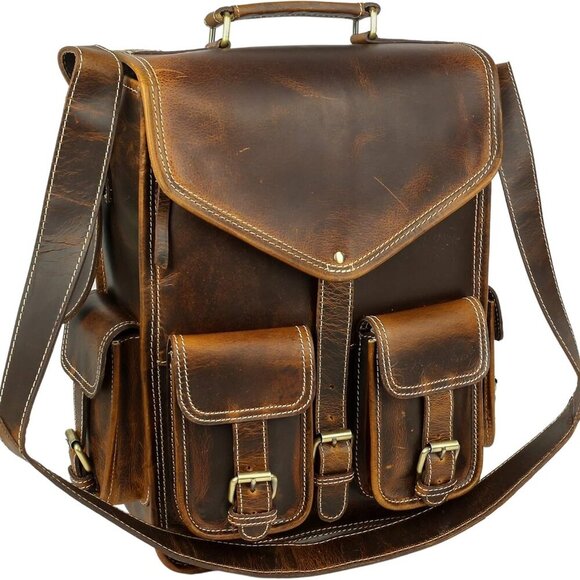 Leather Backpack Rucksack Travel Laptop Camping Bag for Men Women - Picture 2 of 7